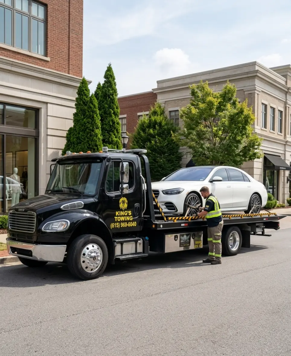 Towing Brentwood TN — King's Towing flatbed truck near Maryland Farms