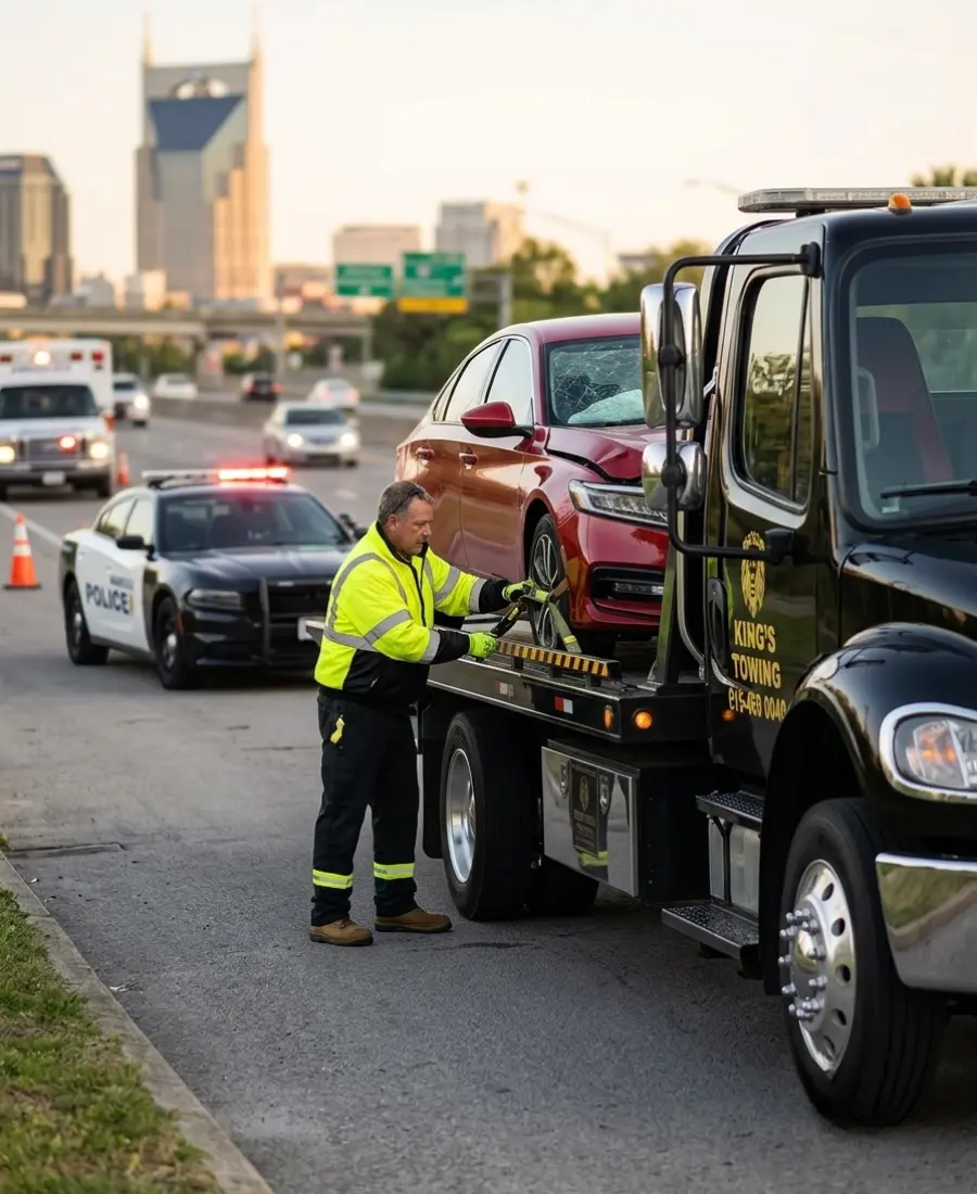 Accident Recovery Nashville TN tow operator securing a wrecked car onto a flatbed truck